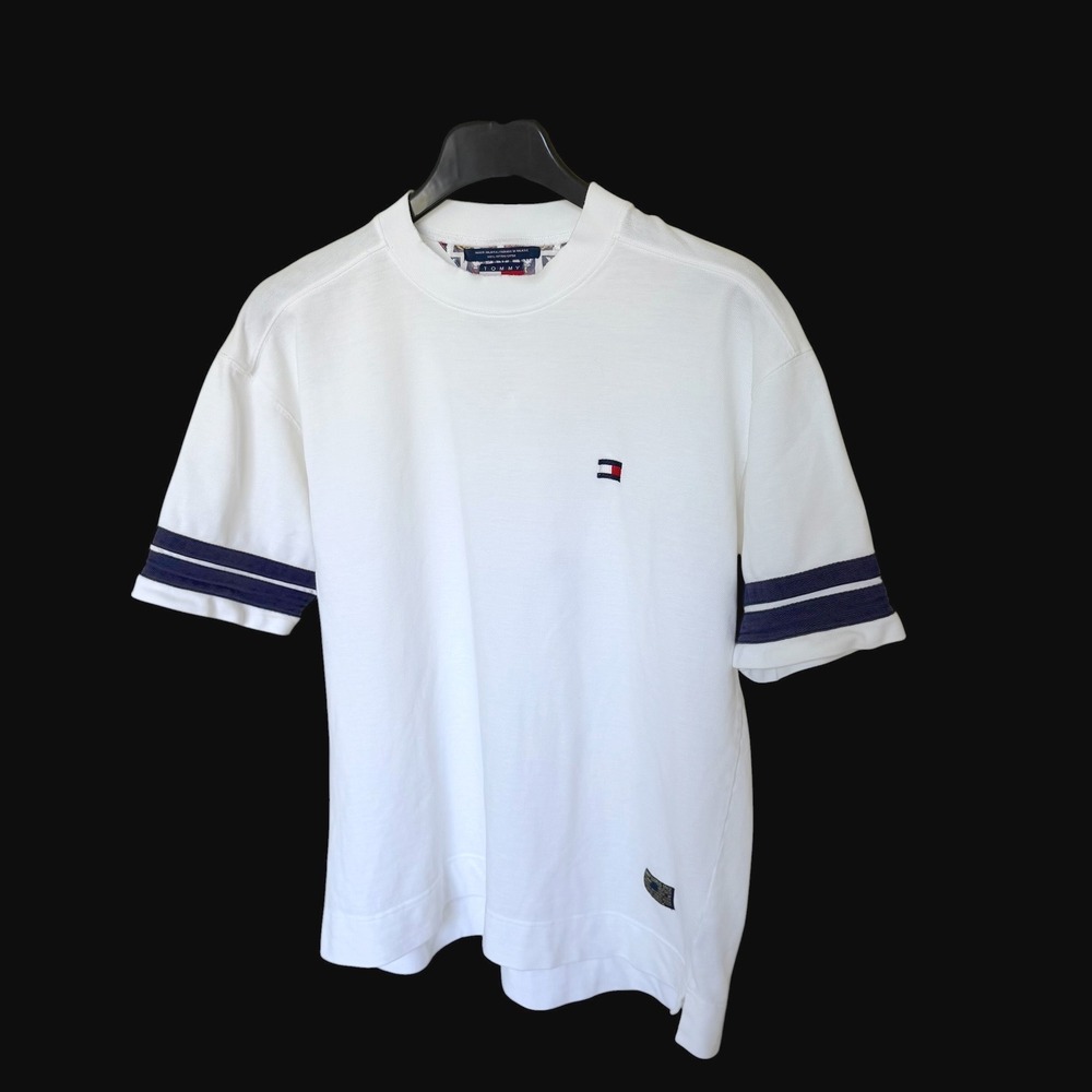 90's Tommy Hilfiger Navy Surplus Style T-Shirt White Pique Cotton Large Striped